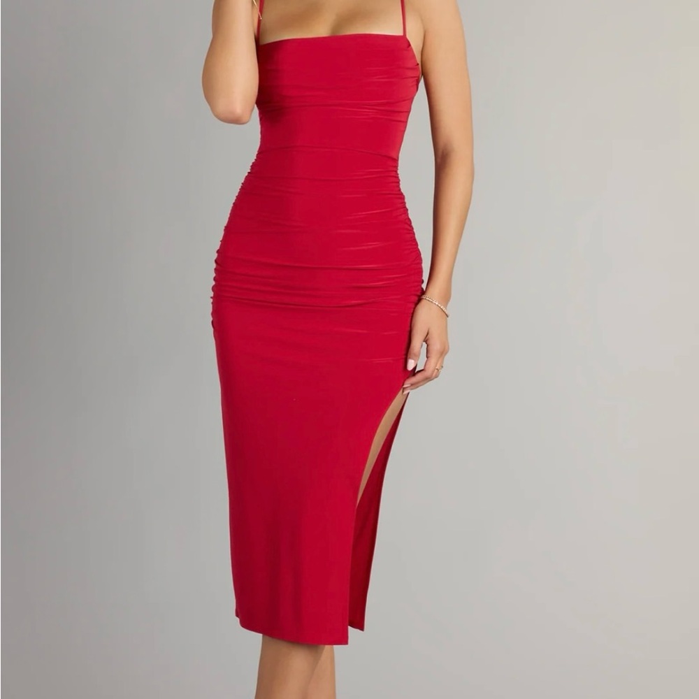 Windsor Red Ruched Strap Midi Dress with Side Slit